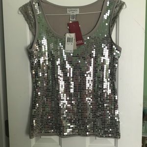Silver sequin tank top with lace cap sleeves